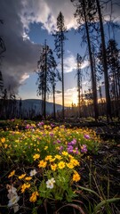 Colorful wildflowers after fire