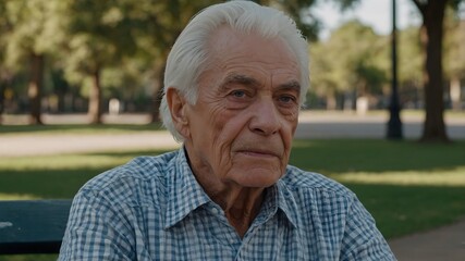 Elderly Man in Thoughtful Contemplation on Park Bench, Serene Outdoor Senior Portrait