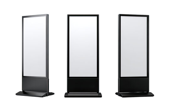 Three blank digital signage displays, standing upright, on dark bases