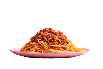 A mound of spaghetti with meat sauce on a pink plate
