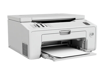 White multifunction printer, ready to print.  Flatbed input tray, output tray, control panel visible.  Modern design.  Compact and functional