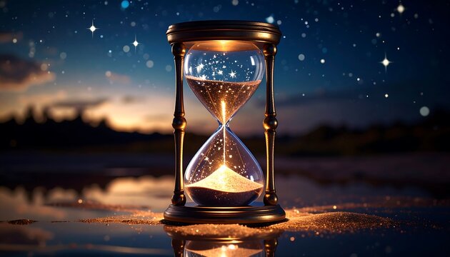 Hourglass with Glitter Against Evening Sky Time Passing