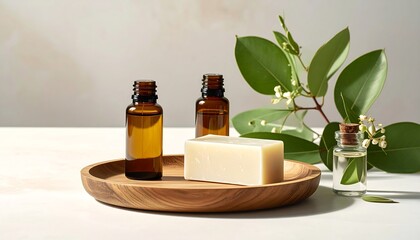 Natural skincare products on a wooden tray