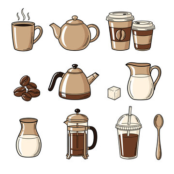 Set of  coffee and tea icons in hand drawn brown and cream doodle style. Vector illustration with mugs, teapot, takeaway cups, coffee beans, kettle, milk jug, sugar cube, french press, straw cup, spoo