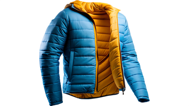 Blue yellow puffer jacket isolated on a transparent background