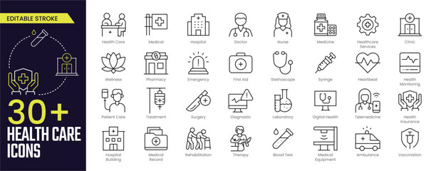 Health Care Stroke icon collections. Containing Medical, Hospital, Doctor, First Aid, Medicine, Healthcare Services, Heartbeat, and Patient Care icons. Editable Stroke icon collection Outline icon