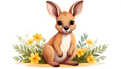 Cute kangaroo sitting among flowers