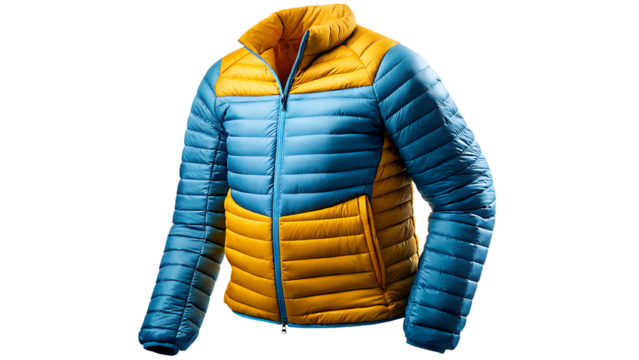 Blue yellow puffer jacket isolated on a transparent background
