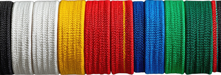 Rows of martial arts belts in various colors