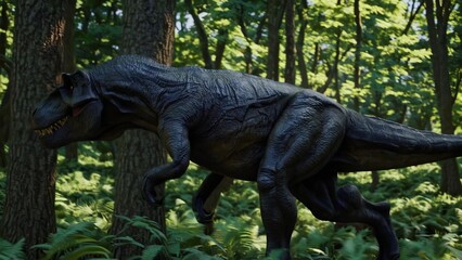 A t - rex dinosaur in jurassic world. A tyrannosaurus walking in the forest. Prehistoric green nature with wildlife. A t. rex dinosaur in jurassic world lifestyle.