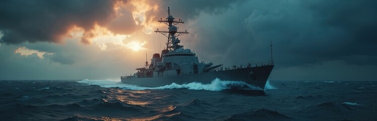 Naval destroyer cruises rough sea under dramatic stormy skies and golden glowing clouds. Powerful warship patrols ocean waves. Military vessel sails tough weather. Aggressive naval defense mission.