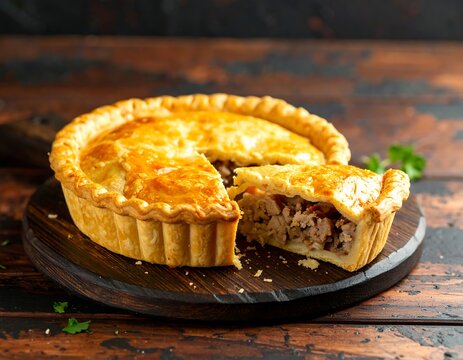 Golden-crusted meat pie sliced, filling visible - Powered by Adobe