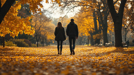 Couple in emotional conflict during autumn walk, seasonal relationship tension