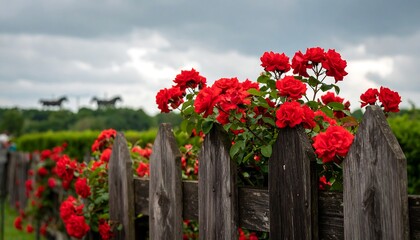 Lush red roses bloom along a rustic wooden fence