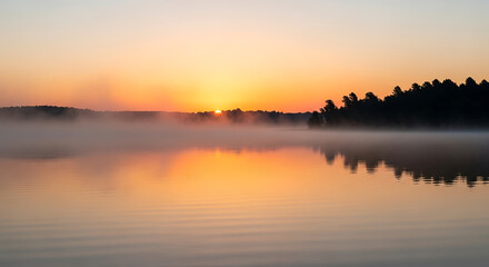 Fototapeta premium Serene sunrise over a misty lake with a vibrant orange sky reflecting on the calm water and silhouetted trees.