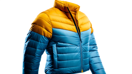 Blue yellow puffer jacket isolated on a transparent background