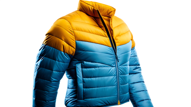 Blue yellow puffer jacket isolated on a transparent background