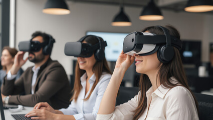 Group of employees collaborating with VR headsets in future office, immersive technology workspace, virtual reality teamwork, modern corporate innovation, digital collaboration, futuristic office envi