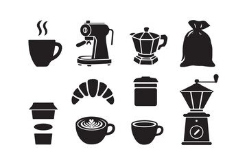 Coffee shop icons including espresso machine croissant and grinder
