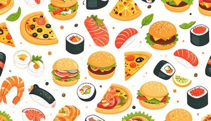 Cartoon food pattern featuring pizza sushi and burgers on a white background