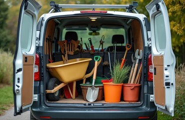 Delivery van packed with gardening tools ready for work. Wheelbarrow, rakes, shovels, forks other tools prepared for gardening. Landscaping, yard work, greening services.