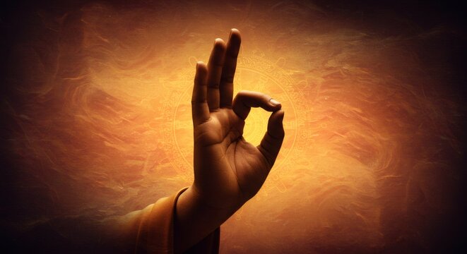 Hand of a man performing vitarka mudra against a spiritual background with an enlightened feeling for religious and traditional themes.