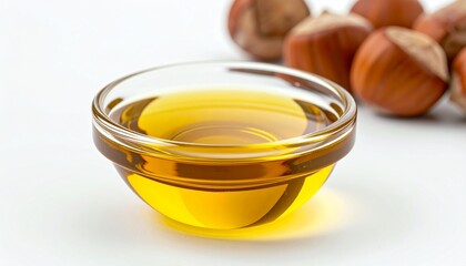 Hazelnut Oil on Isolated White Background – Golden Oil with Buttery Notes and Professional Macro Focus