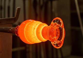 Vibrant hot molten glass being skillfully shaped during an intense traditional glassblowing process