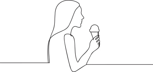 Woman eating ice-cream one continuous line art, One line art, Vector illustration