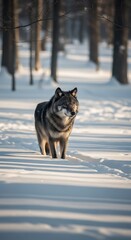 Naklejka premium Gray wolf standing in a snowy forest path, bathed in soft sunlight.