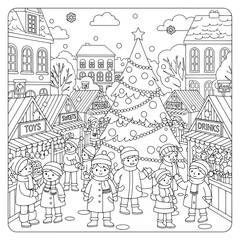 Obraz premium Children enjoy festive holiday market with Christmas tree and decorations