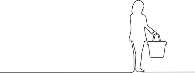 Fototapeta premium Woman carrying shopping basket one continuous line art, One line art, Vector illustration