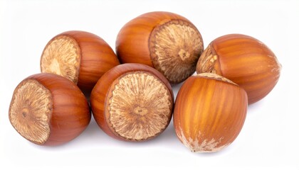 Hazelnuts on Isolated White Background – Round Brown Nuts with Matte Finish and Botanical Composition