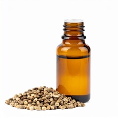 Hemp Seed Oil in Amber Bottle on Isolated White Background – Nutty Aroma with Omega-3 Rich Composition and Organic Feel