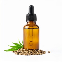 Hemp Seed Oil in Amber Bottle on Isolated White Background – Nutty Aroma with Omega-3 Rich Composition and Organic Feel