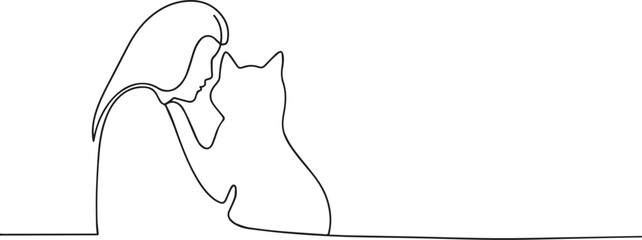 Woman holds cat one continuous line art, One line art, Vector illustration