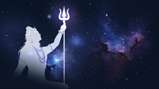 Shiva god silhouette holding a trishul in galaxy background for Hindu culture and religious event, animation