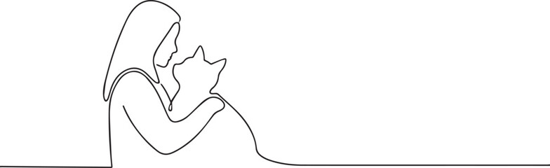 Woman holds cat one continuous line art, One line art, Vector illustration