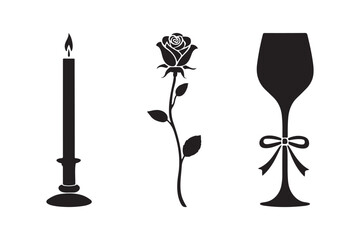 Romantic silhouette of candle rose and wine glass