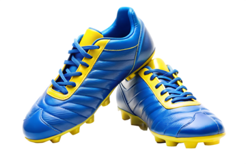 Blue yellow soccer cleats isolated on a transparent background