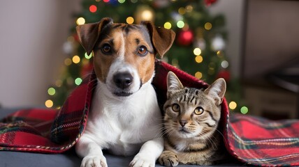 Adorable jack russell terrier dog and tabby cat snuggled together under a cozy plaid blanket with a festive christmas tree in the background