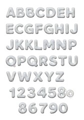 A complete alphabet and numbers set, rendered in a stylized, bubbly, transparent design, exhibiting a clean, modern aesthetic.