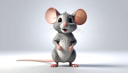 A cartoonish grey mouse with big ears and a happy expression stands on a light gradient background