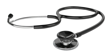 A medical stethoscope, dark gray/black, in a studio shot. Two earpieces & tubing