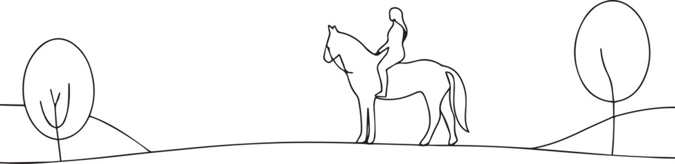 Woman riding horse one continuous line art, Vector illustration, One line art, Line art graphic style