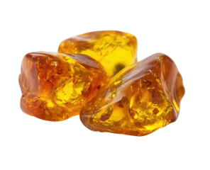 Three amber gemstones, smooth and translucent, in a close-up view