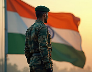 Indian soldier in camouflage uniform stands before national flag. Military patriotism is evident. Soldier wears green beret and combat boots. Image evokes national pride and respect for armed forces.