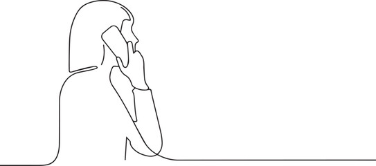 Woman talking on smart phone one continuous line art, Vector illustration, One line art, Line art graphic style
