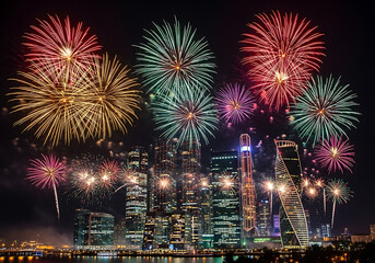 Spectacular colorful fireworks exploding over a modern city skyline at night with reflections, celebrating a vibrant event or New Year.