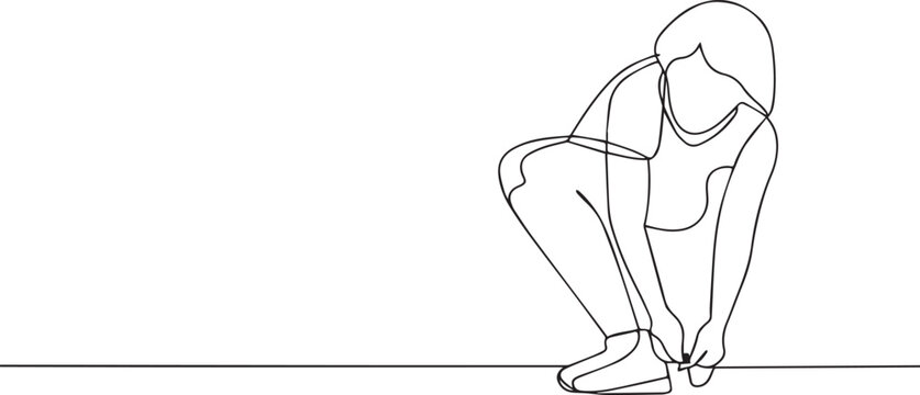 Woman tying shoelac one continuous line art, Vector illustration, One line art, Line art graphic style